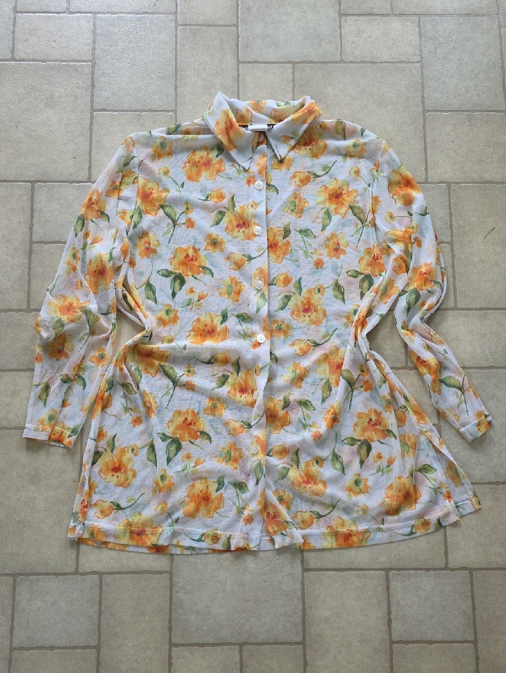 Vintagw Lightweight Sheer White Button-Up Tunic with Yellow Floral Print